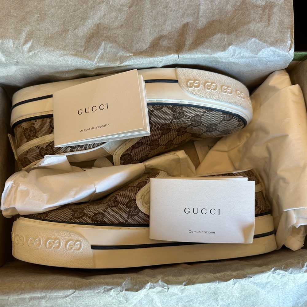 Gucci Beige and White Monogram Sneakers
